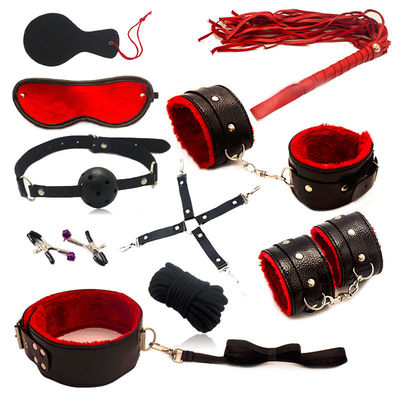 10Pcs/Set набор кабалы секса PU кожаный SM надевает наручники веревочка хлыста кляпа воротника струбцин ниппели